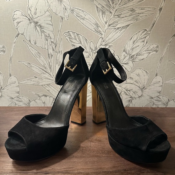 MICHAEL Kors Metallic Block-Heel Black Suede Sandals - Picture 10 of 10